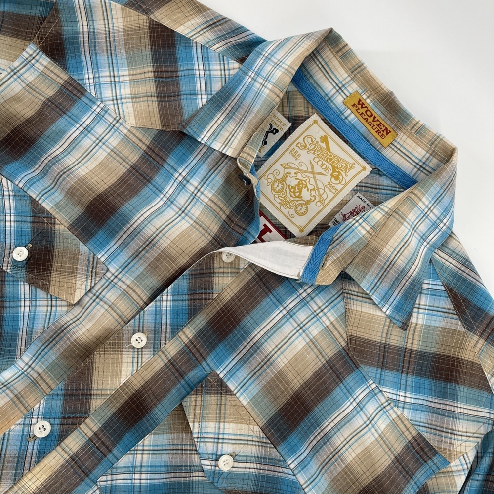 Sovereign Code‎ Woven Pleasure Men's Size L Plaid Button Up Shirt Teal Brown
